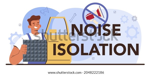 Noise isolation\
typographic header. Automobile sound insulation instalation in car\
workshop. Car repair service mechanic in uniform. Flat vector\
illustration.