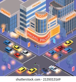 Noise and light pollution composition with city street traffic and ad lights isometric vector illustration