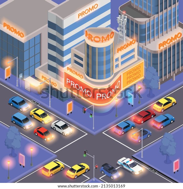 Noise and light\
pollution composition with city street traffic and ad lights\
isometric vector\
illustration
