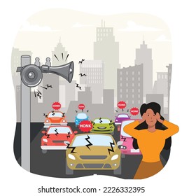 Noise pollution and its cause vector illustration. People suffering from loud noisy city sound illustration. Woman dwellers covering ears to stop hearing tinnitus.