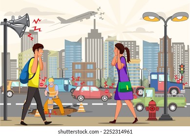 Noise pollution and its cause vector illustration. People suffering from loud noisy city sound. Man and woman walking on the city street covering her ears. Annoyed by too much noise. Noise pollution.