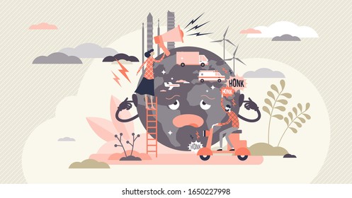 Noise pollution concept, flat tiny person vector illustration. Sad globe character cartoon with overpopulated urban sound problem effecting human health. Loud transportation and industrial activity.