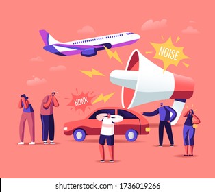 Noise Pollution Concept. Tiny Male and Female Characters Cover Ears to Avoid Annoying Sounds made by Transport and Huge Loudspeaker. People Suffer of Loud Noise Tinnitus. Cartoon Vector Illustration
