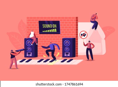Concepto de contaminación sonora. Pequeños personajes masculinos y femeninos cubren orejas para evitar sonidos molestos hechos por vecinos que tocan música y televisión. La gente sufre de un alto nivel de ruido. Ilustración del vector de dibujos animados