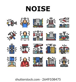 som, ambiente saúde, urbano, tráfego, decibéis industriais, controle, regulamento poluição de ruído linha de cores ilustrações