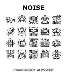 som, ambiente saúde, urbano, tráfego, decibéis industriais, controle, regulação poluição de ruído contorno preto ilustrações