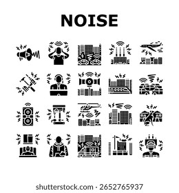 som, ambiente saúde, urbano, tráfego, decibéis industriais, controle, regulamento pictograma de glifos de poluição sonora Ilustrações