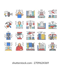 Iconos de la contaminación acústica Fijar el Vector. sonido, salud ambiental, urbano, tráfico, decibelios industriales, control, regulación Contaminación acústica Ilustraciones de línea de color