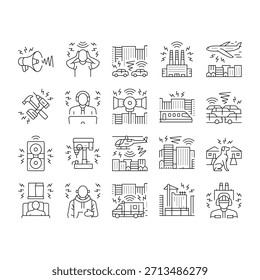 som, ambiente saúde, urbano, tráfego, decibéis industriais, controle, regulação poluição de ruído contorno preto ilustrações
