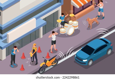 El fondo isométrico de la contaminación del ruido ilustra un ambiente urbano ruidoso con trabajadores reparando carreteras y músicos callejeros ilustración vectorial