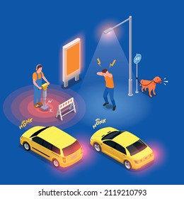 Noise pollution isometric composition with drilling worker and barking dog vector illustration