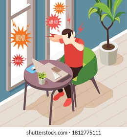 Noise pollution isometric composition with indoor scenery and man having trouble doing work with sound icons vector illustration