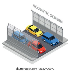 Noise pollution isometric concept with cars on the road and acoustic screen vector illustration