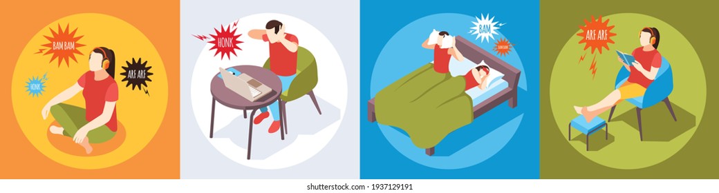 Contaminación por ruido Conceptos isométricos conjunto ilustración vectorial