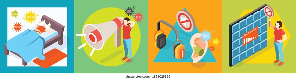 Contaminación del ruido concepto de diseño isométrico con fondo sólido e iconos de ruidos fuertes con personas sufridas ilustración vectorial