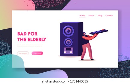 Noise Pollution Landing Page Template. Woman Stand at Huge Dynamics Holding Remote Control for Making Sound On. Character Listen Loud Music at Home, Bar or Night Club. Cartoon Vector Illustration