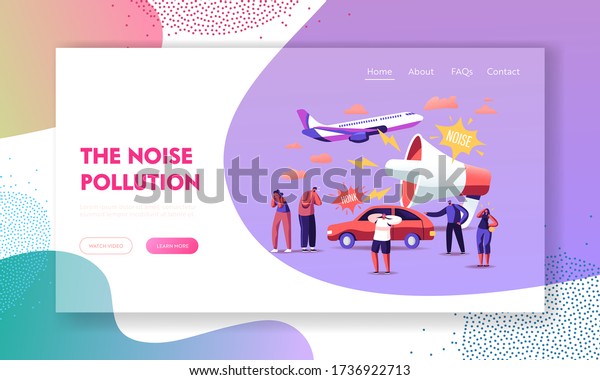 Noise Pollution Landing Page Template. Tiny\
Characters Covering Ears to Avoid Annoying Sounds made by Transport\
and Huge Loudspeaker. People Suffer of Loud Noise Tinnitus. Cartoon\
Vector Illustration