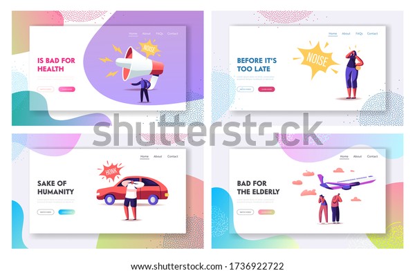 Noise Pollution Landing Page Template Set.\
Tiny Characters Cover Ears to Avoid Annoying Sounds made by\
Transport and Huge Loudspeaker. People Suffer of Loud Noise\
Tinnitus. Cartoon Vector\
Illustration