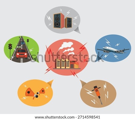 Noise Pollution Sources Icons Set with Traffic, Factory, Airplane, Speakers and Construction Sounds Flat Illustration. Noise pollution causes stress and discomfort.

