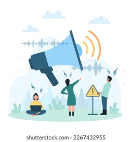 Noise pollution vector illustration. Cartoon tiny people suffering from loud sound and noisy spam of marketing announcement and speech, standing near big megaphone and exclamation mark symbol