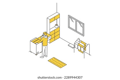 Noise problems in rental properties: Late nightearly morning laundry, Vector Illustration