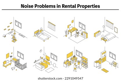 Noise problems in rental properties: Noise from living in apartments and condominiums, Vector Illustration