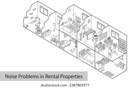Noise problems in rental properties: Noise from living in apartments and condominiums, Vector Illustration