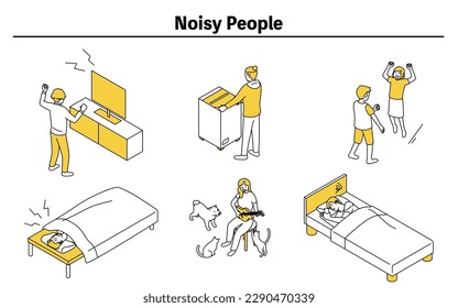 Noise problems in rental properties: people making noise in apartments and condominiums, Vector Illustration