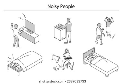 Noise problems in rental properties: people making noise in apartments and condominiums, Vector Illustration