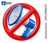 Noise prohibition sign, keep quiet, observe silence icon, isolated. 3d realistic loudspeaker in the crossed out red circle. Vector illustration