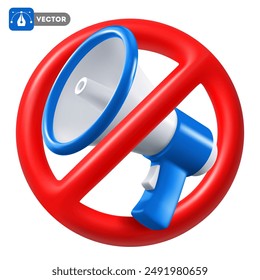 Noise prohibition sign, keep quiet, observe silence icon, isolated. 3d realistic loudspeaker in the crossed out red circle. Vector illustration