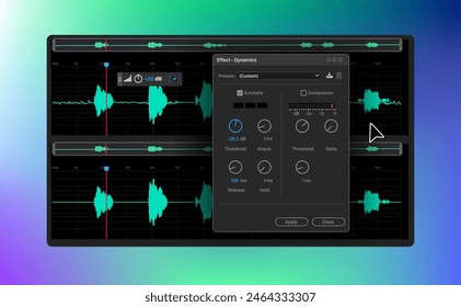 Noise Reduction Features in Audio program. Effect dynamics panels. Vector illustration