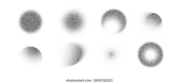 Noise round brush isolated. Grunge dotwork gradient circle. Black shape of dots for y2k design,. Sand, grainy, chalk, diffuse, glitter effect. Texture brush print,spray. Vector halftone illustration