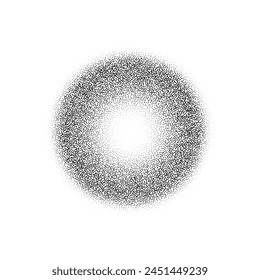 Noise round brush isolated. Grunge dotwork gradient blur circle, ring,disk. Black space shape of dots. Sand, grainy, chalk, diffuse, glitter effect. Texture brush. Vector halftone illustration