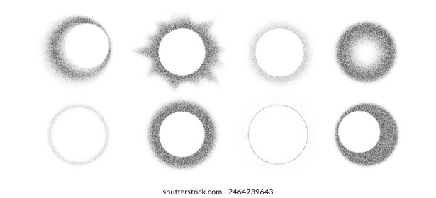 Noise round brush isolated. Grunge dotwork gradient circle. Black shape of dots for y2k design,. Sand, grainy, chalk, diffuse, glitter effect. Texture brush print,spray. Vector halftone illustration