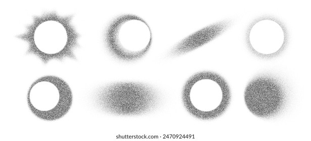 Noise round brush isolated. Grunge dotwork gradient circle. Black shape of dots for y2k design,. Sand, grainy, chalk, diffuse, glitter effect. Texture brush print,spray. Vector halftone illustration