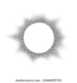 Noise round dot brush isolated. Grunge dotwork gradient blur circle, ring,disk. Black space shape of dots. Sand, grainy, chalk, diffuse, glitter effect. Texture brush. Vector halftone illustration