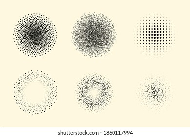 Noise, round monochrome, Set. Circle points are black. Halftone is dark. Vector design elements on an isolated light background.