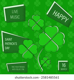 Noise Saint Patrick Day greeting card cover with Clovers. Elegant modern Saint Patrick's Day poster background placard cover template design. Vector illustration. EPS 10