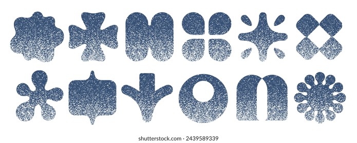 Noise shapes with grain gradient. Abstract y2k figure. Halftone noise icon set. Circle star flower dot vector element. Gradation graphic pattern. Y2k modern design. Half tone effect geometry shape