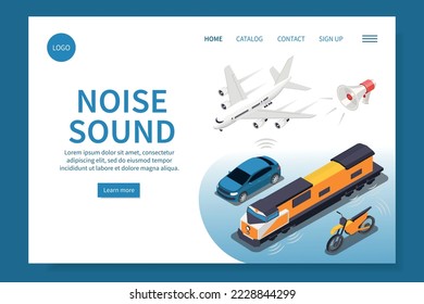 Noise sound isometric web site with urban and air transport items vector illustration