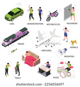 Noise source isometric set of various transport people working with tools and musical instrument isolated vector illustration