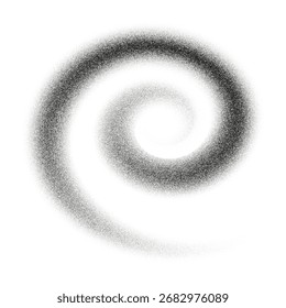 Forma de gradiente de remolino de aerosol de ruido. Salpicaduras de carbón, efecto grano. Textura de disolver punto. Objeto espiral punteado negro. Disolver la textura del polvo de arena.