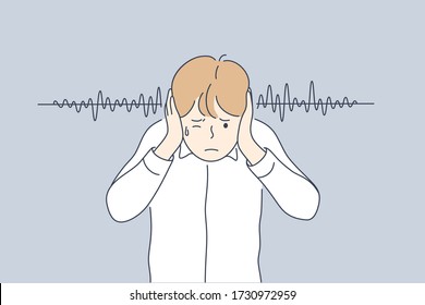 Noise, stress, protection concept Young frustrated depressed stressful boy kid child cartoon character plugged ears with hands from lound noisy sound or parents swearing. Family abuse illustration.