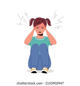 Noise, stress, protection concept. Young frustrated stressed girl, child plugged ears with hands from loud noisy sound or parents swearing. Autism, mental health