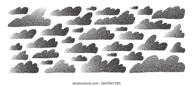 Conjunto de nubes de textura de ruido. Ingenuo paquete granulado del cielo. Elementos de semitono de carbón para niños. Garabatear burbujas de discurso de Clima nublado. Ilustración de colección de Vector aislada sobre fondo blanco.
