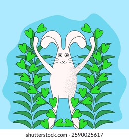 Noise texture Easter Bunny in green plant. Happy Easter vector illustration poster cover template design. Bunny on Organic shape backgorund. EPS 10
