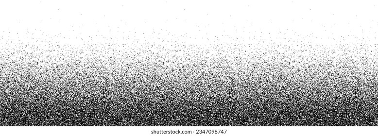 Gradiente de grano de textura ruidosa como puntos de fondo vectorial de fondo negro blanco, efecto de patrón de granulado de espinilla horizontal spray, medio tono de arena con puntos de mancha, marco de dispersión antiguo retro vintage