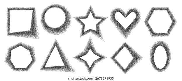 Rauschen ungleichmäßige geometrische Formen Rahmen gesetzt. Grain strukturierte schwarze Schattierungen y2k Rahmen Callouts Elemente. Rhombus, Rechteck, Stern und Herzpunkte Textfelder. Vektorformen. Staubpulverfiguren mahlen.