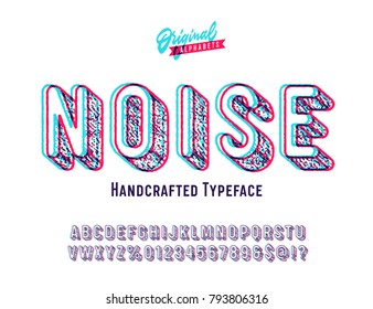 'Noise' Vintage Sans Serif Distorted Rounded Alphabet. Retro Typography with Glitch Effect. Vector Illustration.